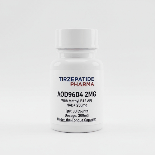 AOD9604 2mg capsules with 1000mcg Methyl B12 and NAD+ for research use in bulk packaging