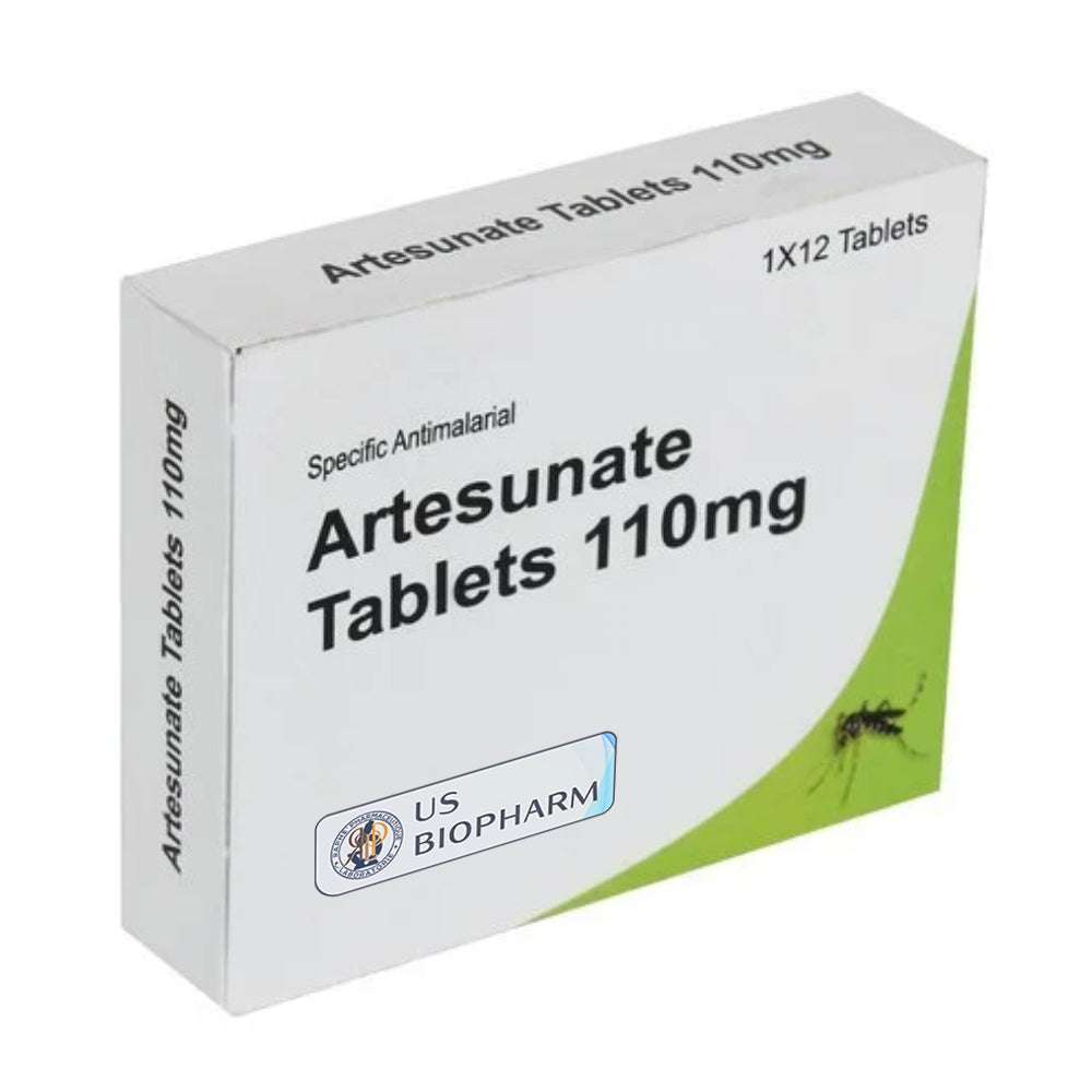 Box of Artesunate Tablets 110mg by US Biopharm, potent original anti malaria medicine for tropical zones
