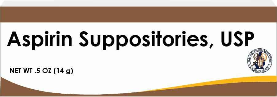 Aspirin and Bisacodyl Suppositories packaging with FDA-registered drug label