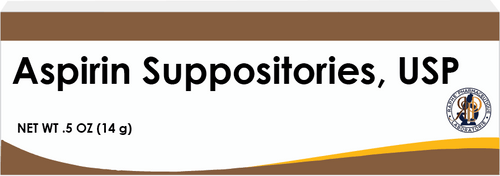 Aspirin and Bisacodyl Suppositories packaging with FDA-registered drug label