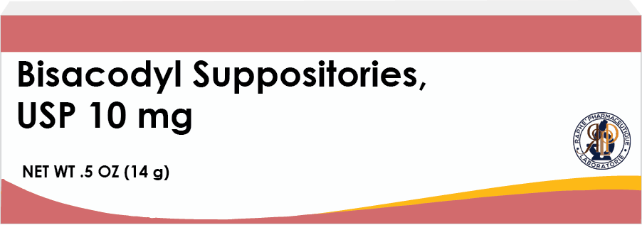 Bisacodyl Suppositories USP 10 mg white label packaging with pharmaceutical logo