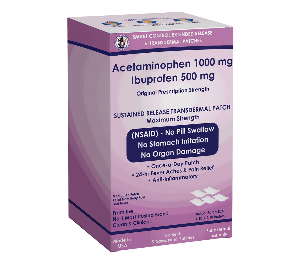 Acetaminophen Ibuprofen transdermal patch box for 24-hour pain relief without stomach irritation
