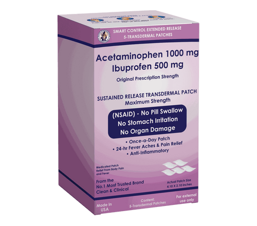 Acetaminophen Ibuprofen transdermal patch box for 24-hour pain relief without stomach irritation