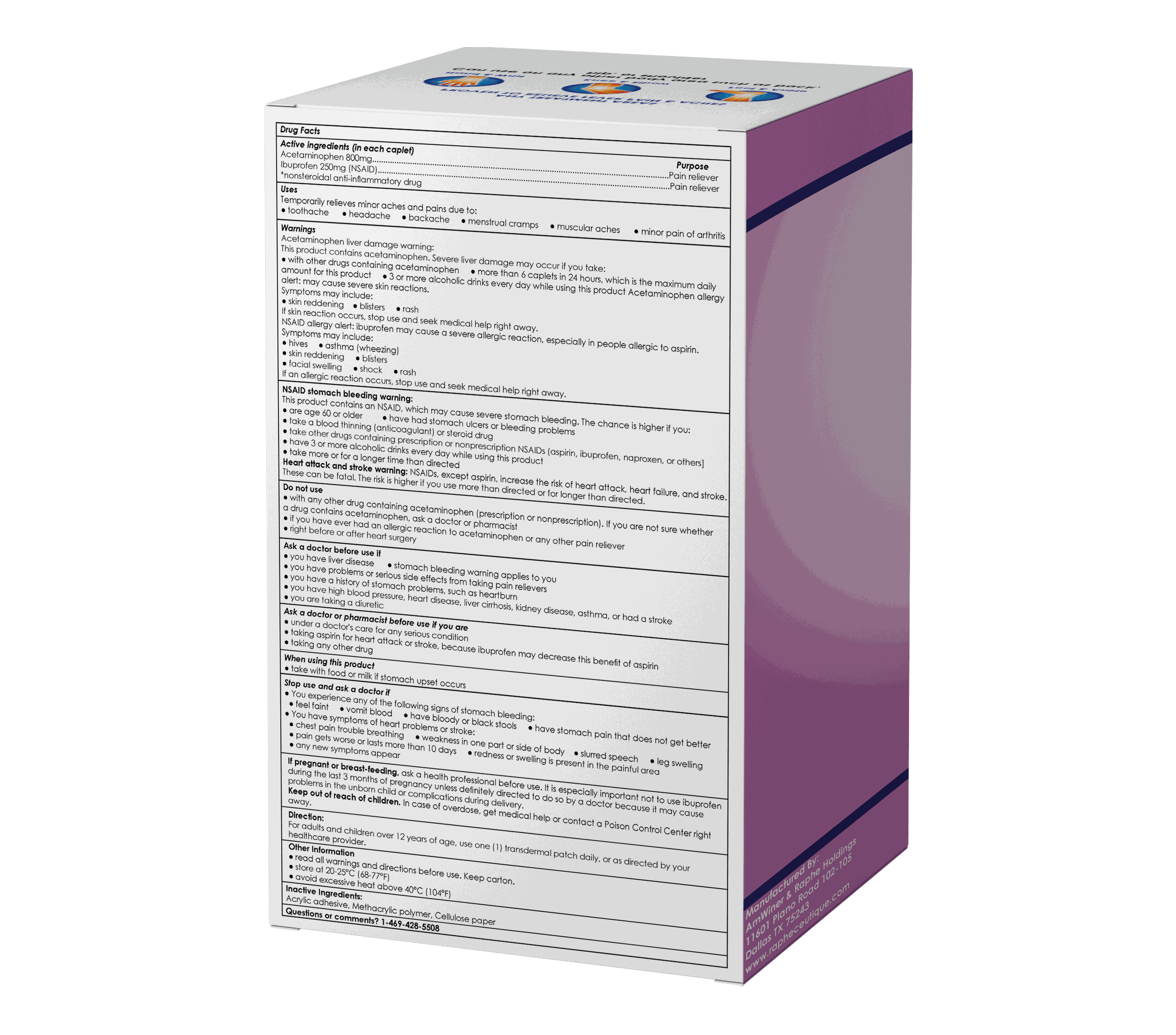 Acetaminophen Ibuprofen transdermal patch for 24-hour pain relief in joints and muscles