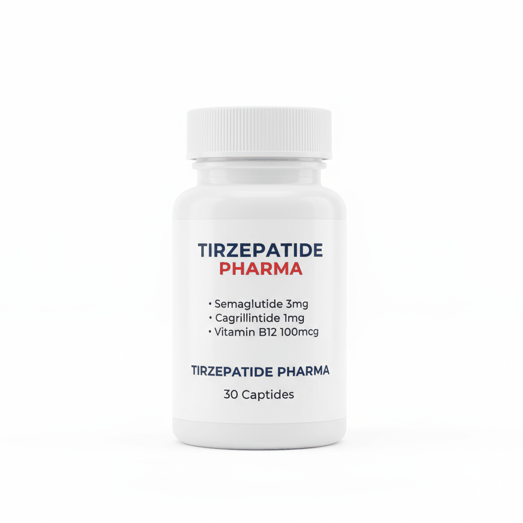 Bottle of Cagrillintide Semaglutide 1mg and 3mg with Vitamin B12 100mcg capsules by Tirzepatide Pharma