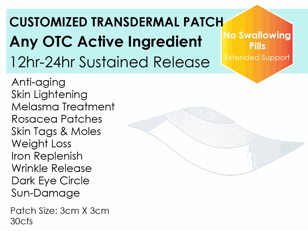 Customized transdermal OTC patches with 12-24hr sustained release for skin and wellness treatments