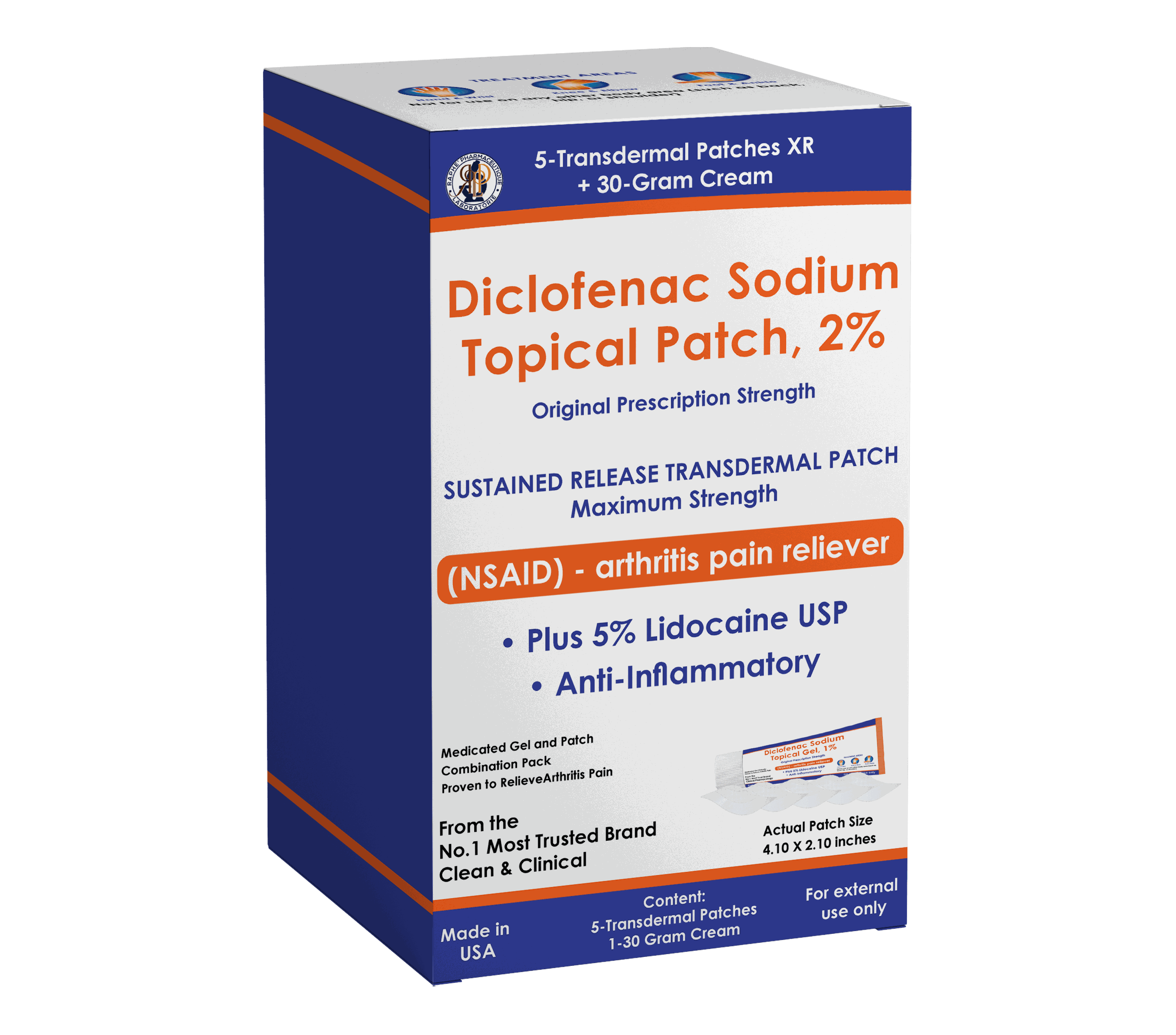 Diclofenac sodium topical patch 2% with lidocaine for arthritis pain relief and anti-inflammatory effect