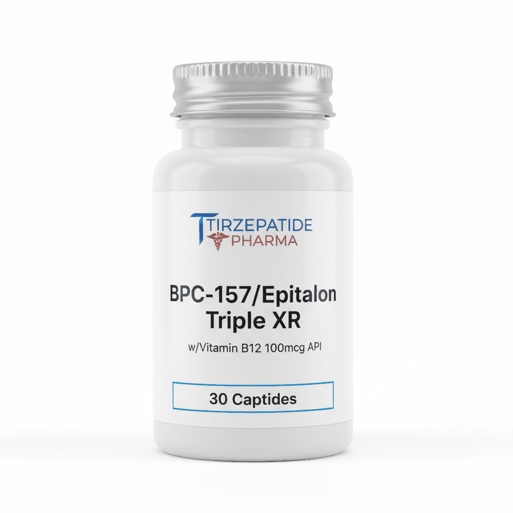 Bottle of Tirzepatide Pharma BPC-157 and Epitalon peptides with Vitamin B12, 30 capsules, triple XR formula