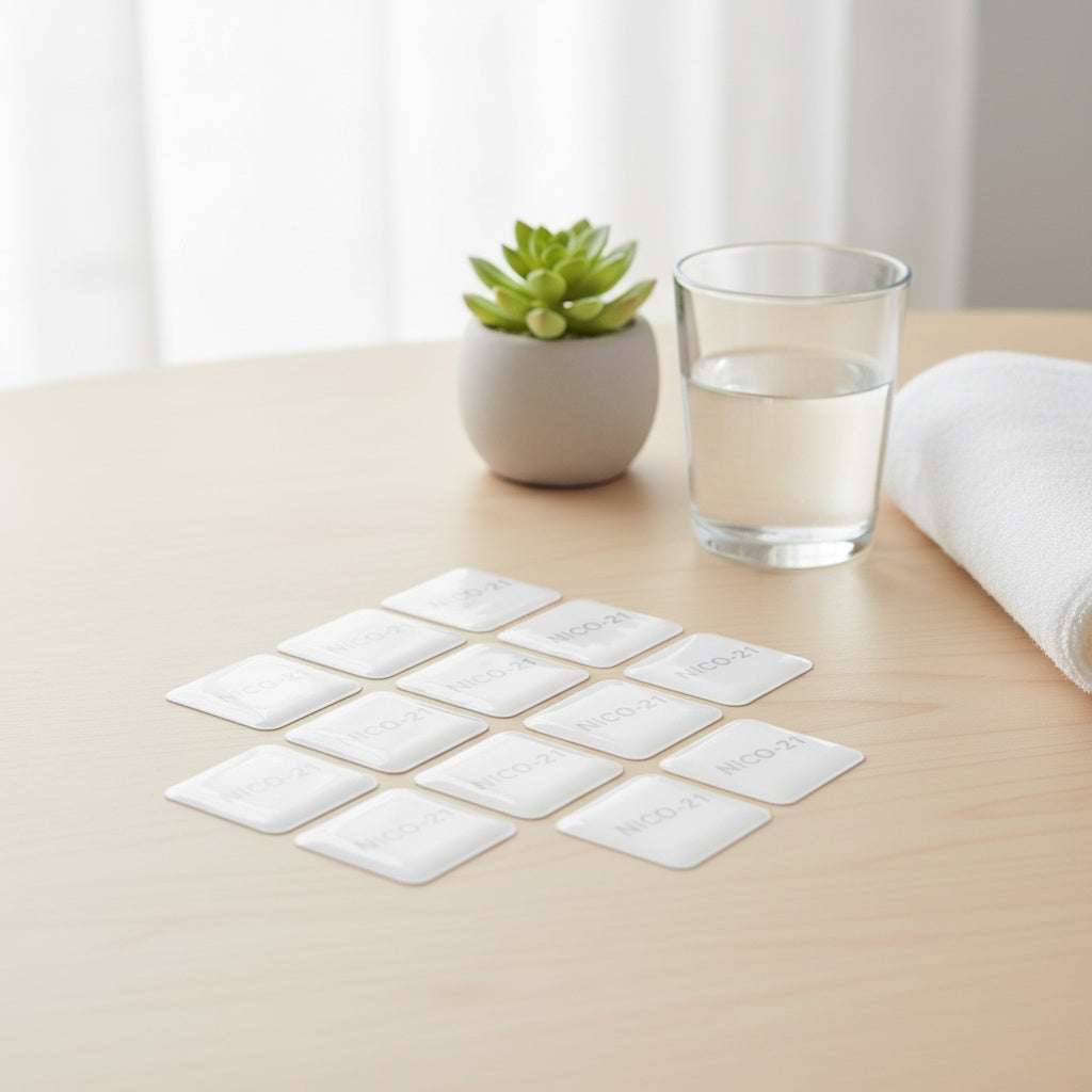 White nicotine transdermal patches for quit smoking aid displayed on a wooden surface with glass of water and small plant in background
