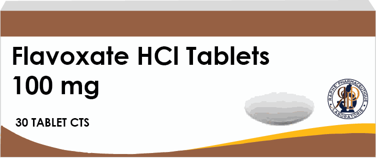 Flavoxate HCl 100 mg tablets blister pack with pharmaceutical branding for anti-inflammatory treatment including Betamethasone Budesonide.