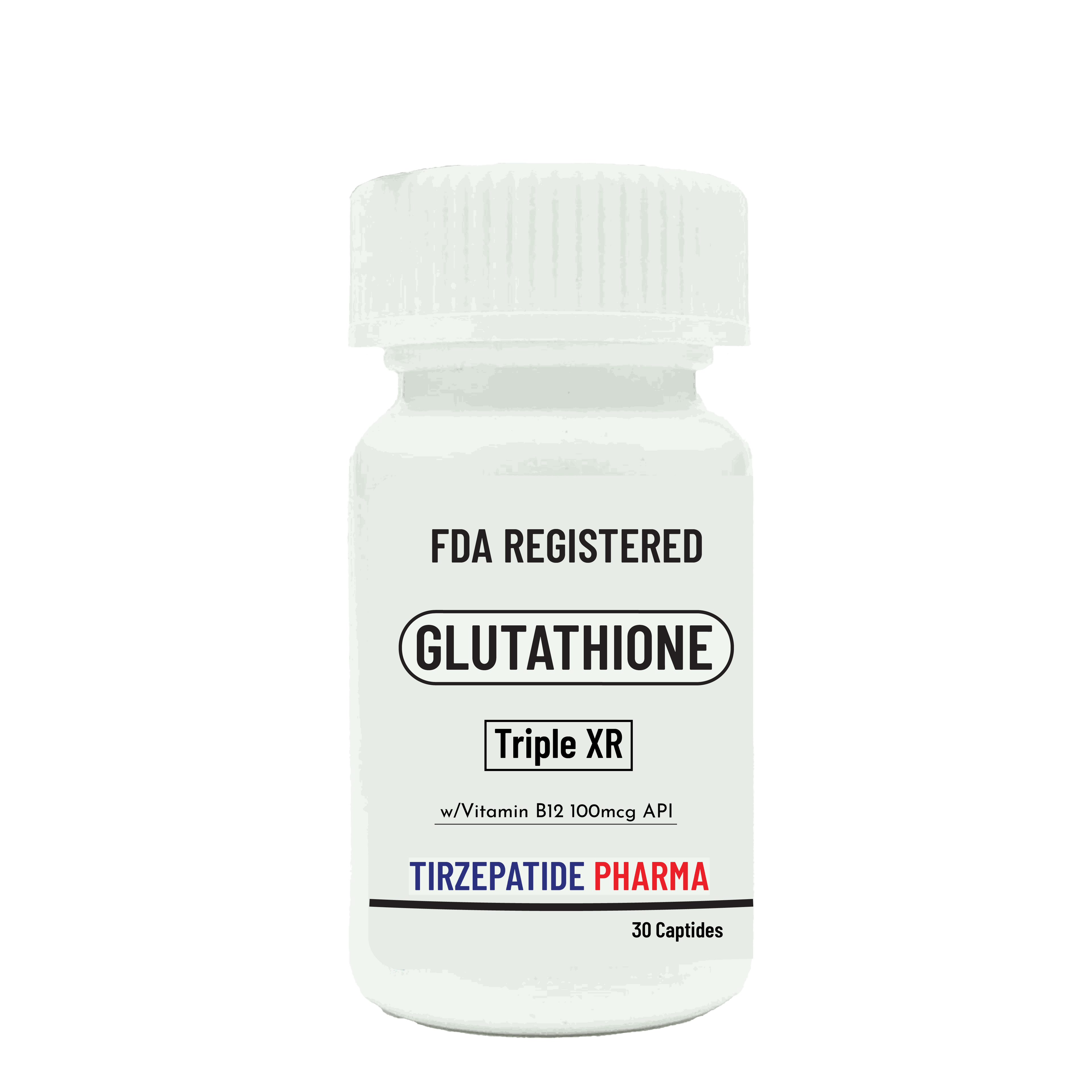 FDA registered Glutathione GSH skin whitening supplement with Vitamin B12 Triple XR capsules bottle