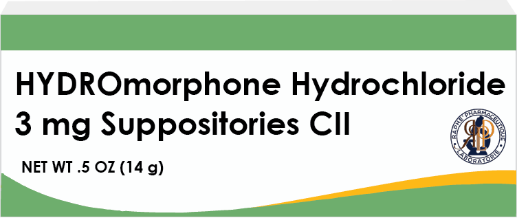 Hydromorphone Hydrochloride 3 mg Suppositories packaging with pharmaceutical branding and dosage details