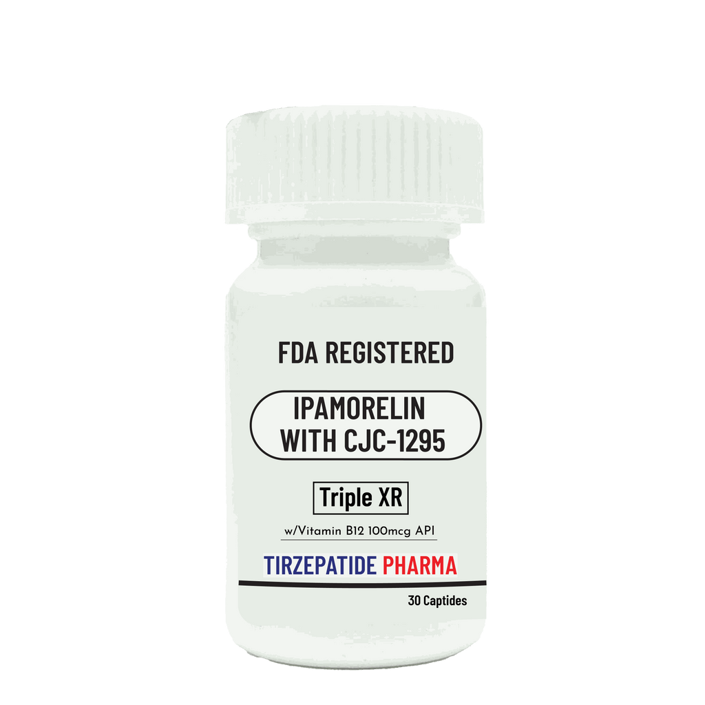 Bottle of FDA registered Ipamorelin with CJC-1295 Triple XR peptides and Vitamin B12 by Tirzepatide Pharma