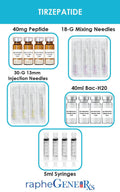 Tirzepatide 40mg peptide vials with mixing needles, injection needles, syringes, and bacteriostatic water for research use
