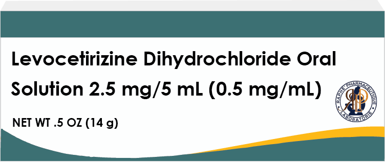 Levocetirizine Dihydrochloride oral solution 2.5 mg/5 mL medicine bottle label with pharmaceutical company logo