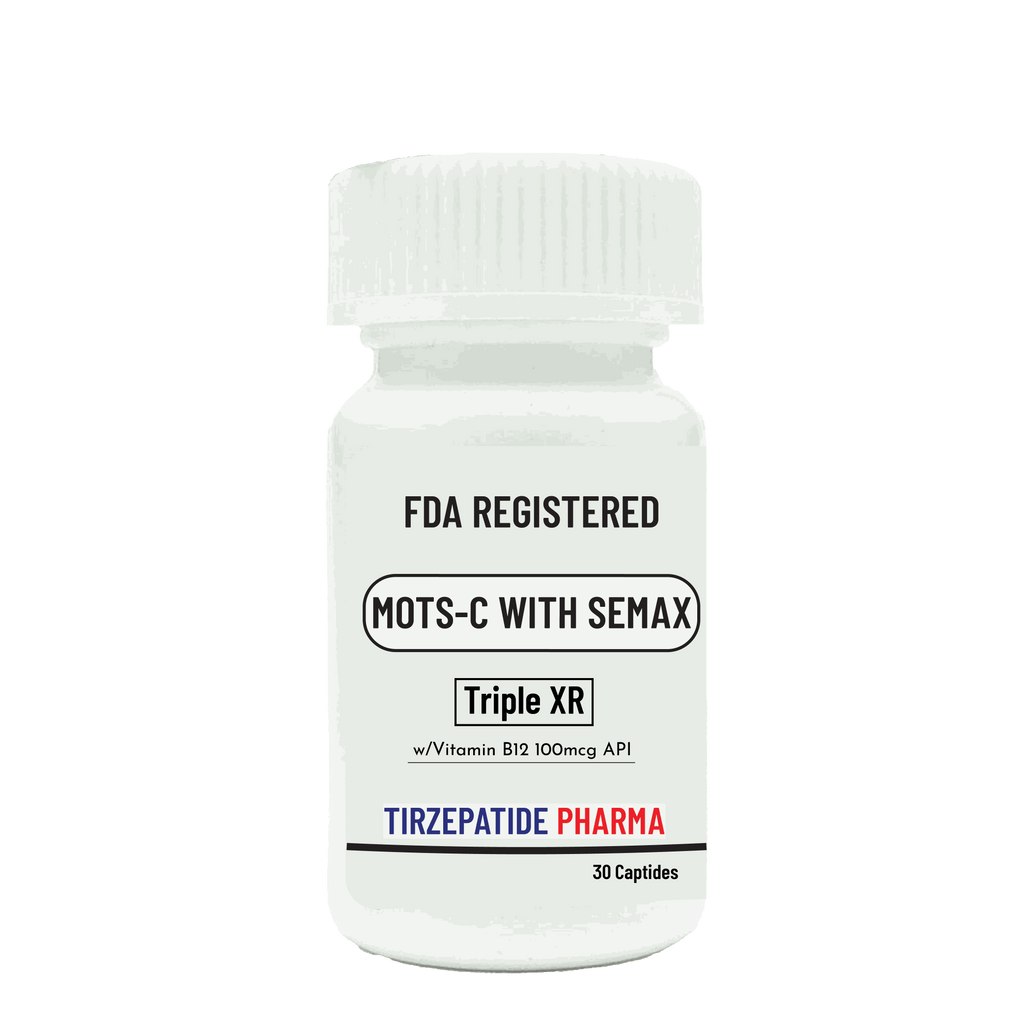 MOTS-C with Semax peptide supplement bottle with Vitamin B12, FDA registered by Tirzepatide Pharma
