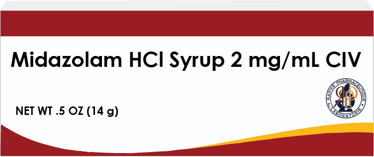 Midazolam HCl Syrup 2 mg/mL bottle label with dosage and net weight information