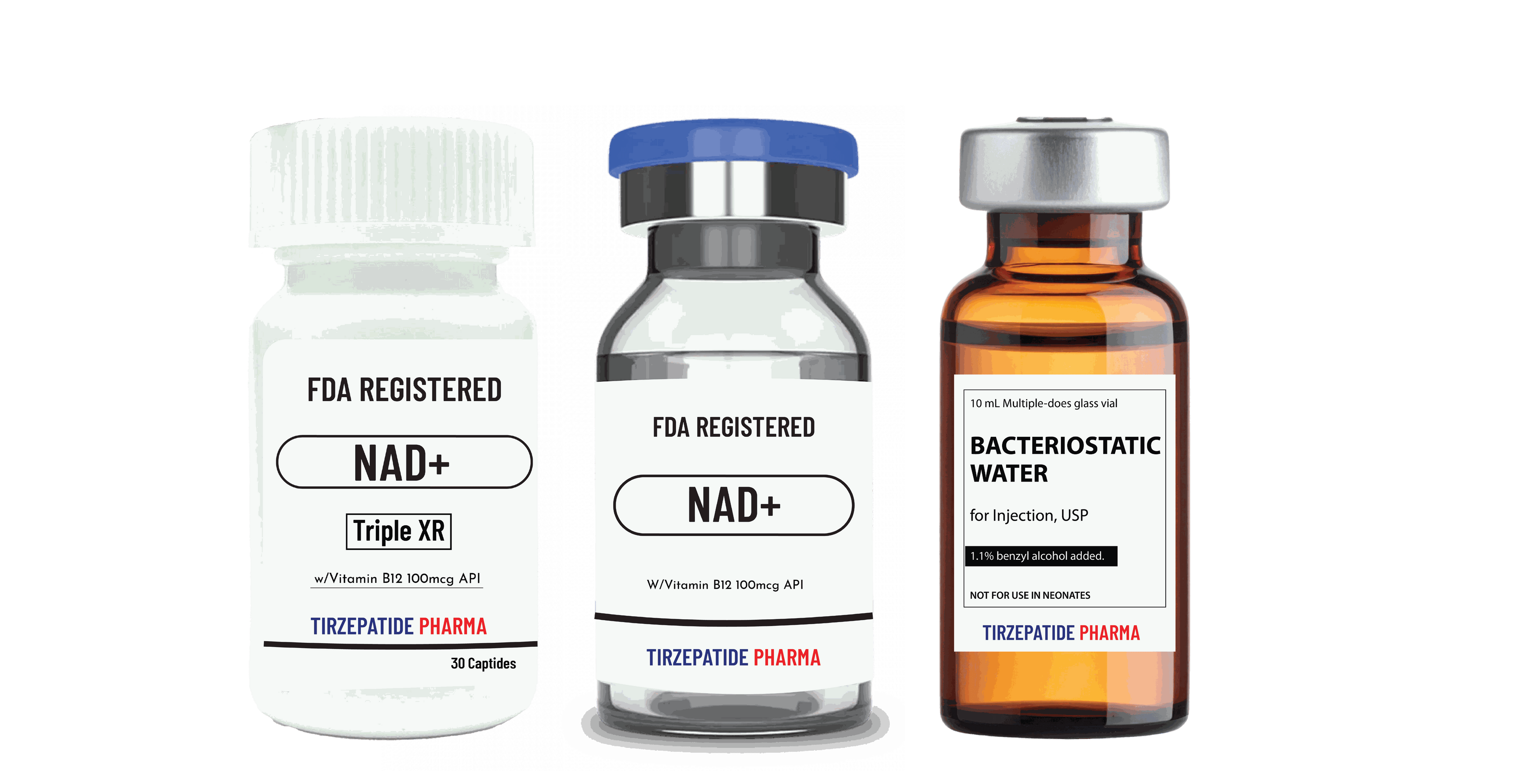 FDA registered NAD+ Peptide vials with Vitamin B12 and bacteriostatic water for injection by Tirzepatide Pharma