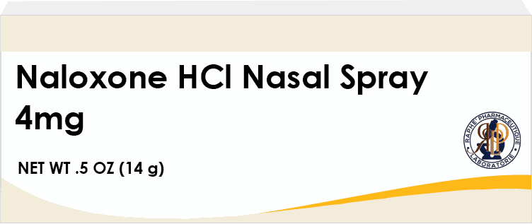 Naloxone HCl nasal spray 4mg medicine packaging with pharmaceutical branding