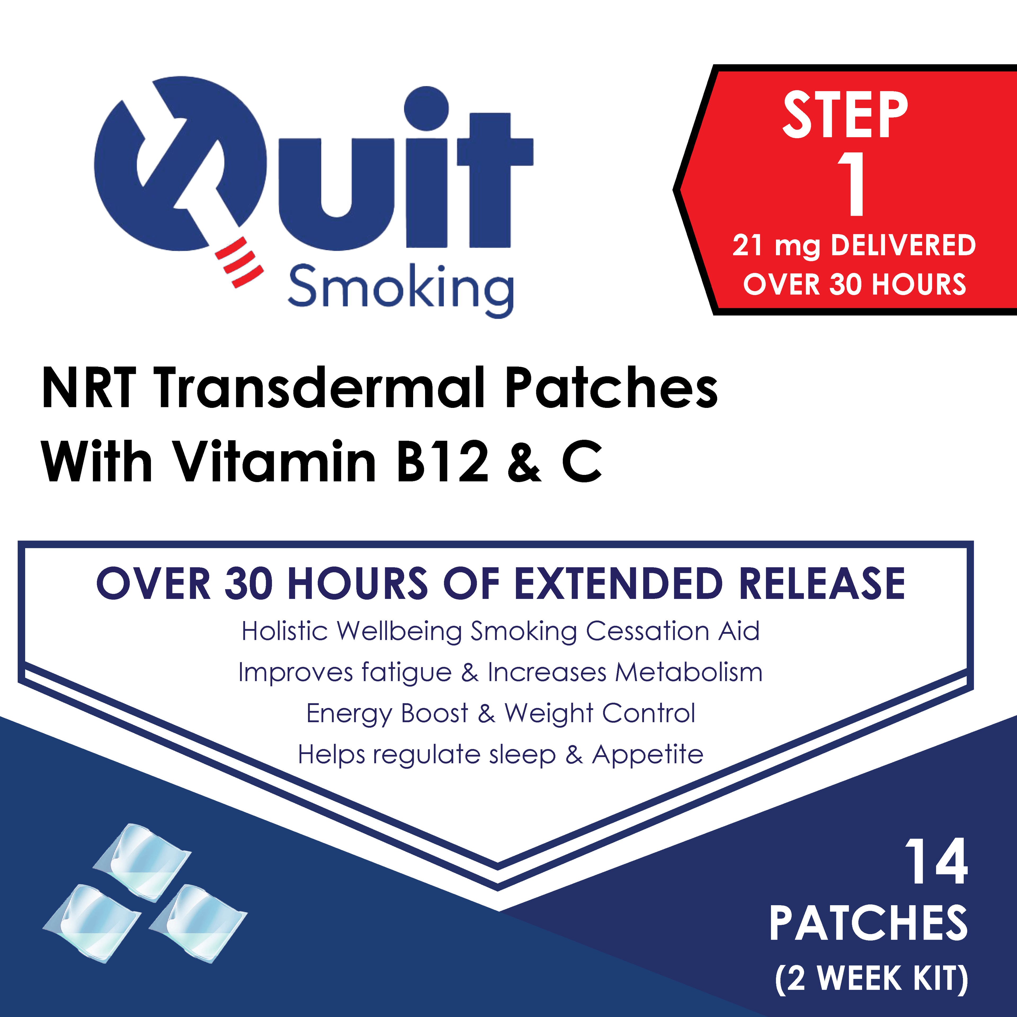 White Label Smoking Cessation Aid 14mg NRT transdermal patches with Vitamin B12 and C, 14 patches two-week kit for smoking cessation support