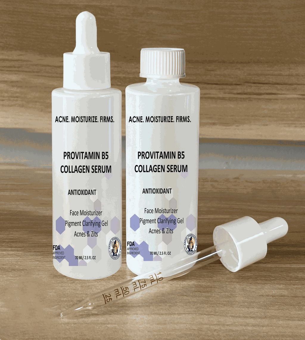 Acne treatment face moisturizer with provitamin B5 and collagen serum in 60ml bottles with dropper for acne and skin firming.
