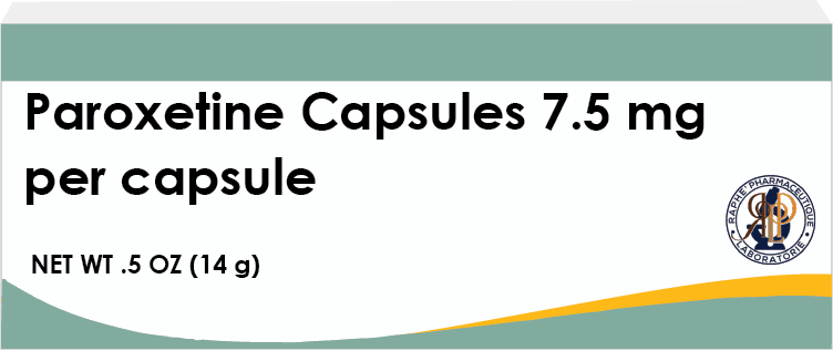 Paroxetine capsules 7.5 mg pharmaceutical packaging by Raphe Pharmaceutique Laboratories