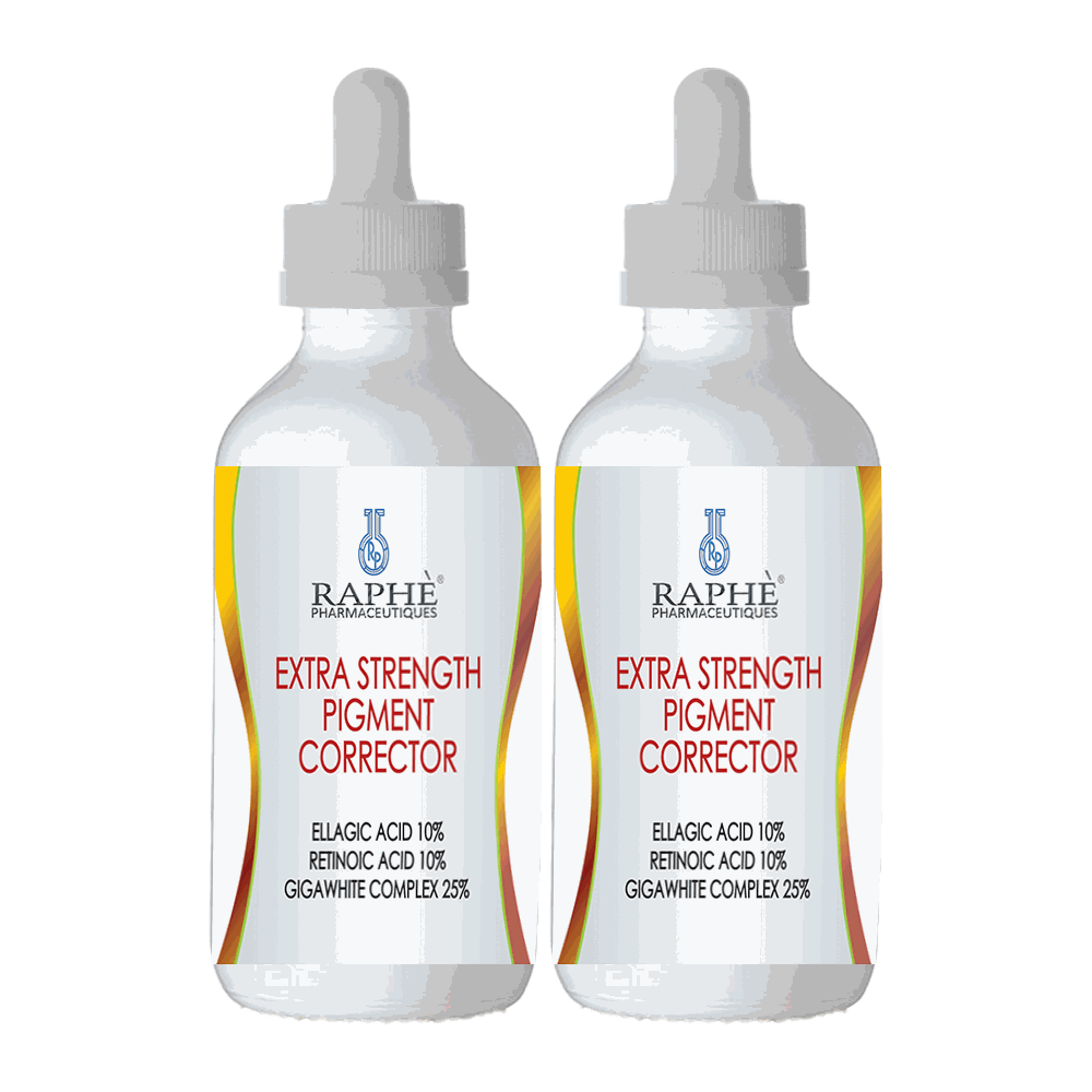 Two bottles of Raphe Extra Strength Pigment Corrector Gel with ellagic acid and retinoic acid for spot removal