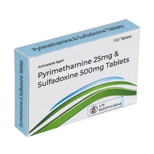 Box of Pyrimethamine 25mg and Sulfadoxine 500mg anti-malarial tablets by US Biopharm, USA manufacturer of potent anti malaria medicines