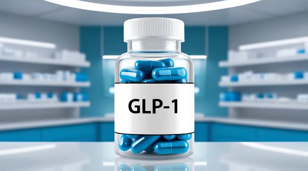 Clear bottle of blue GLP-1 capsules on pharmacy shelf background Tirzepatide Captides with Methyl B12 supplements
