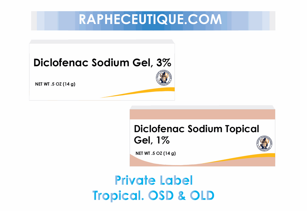 Diclofenac Sodium Gel 3% and 1% topical private label products in 14g packaging