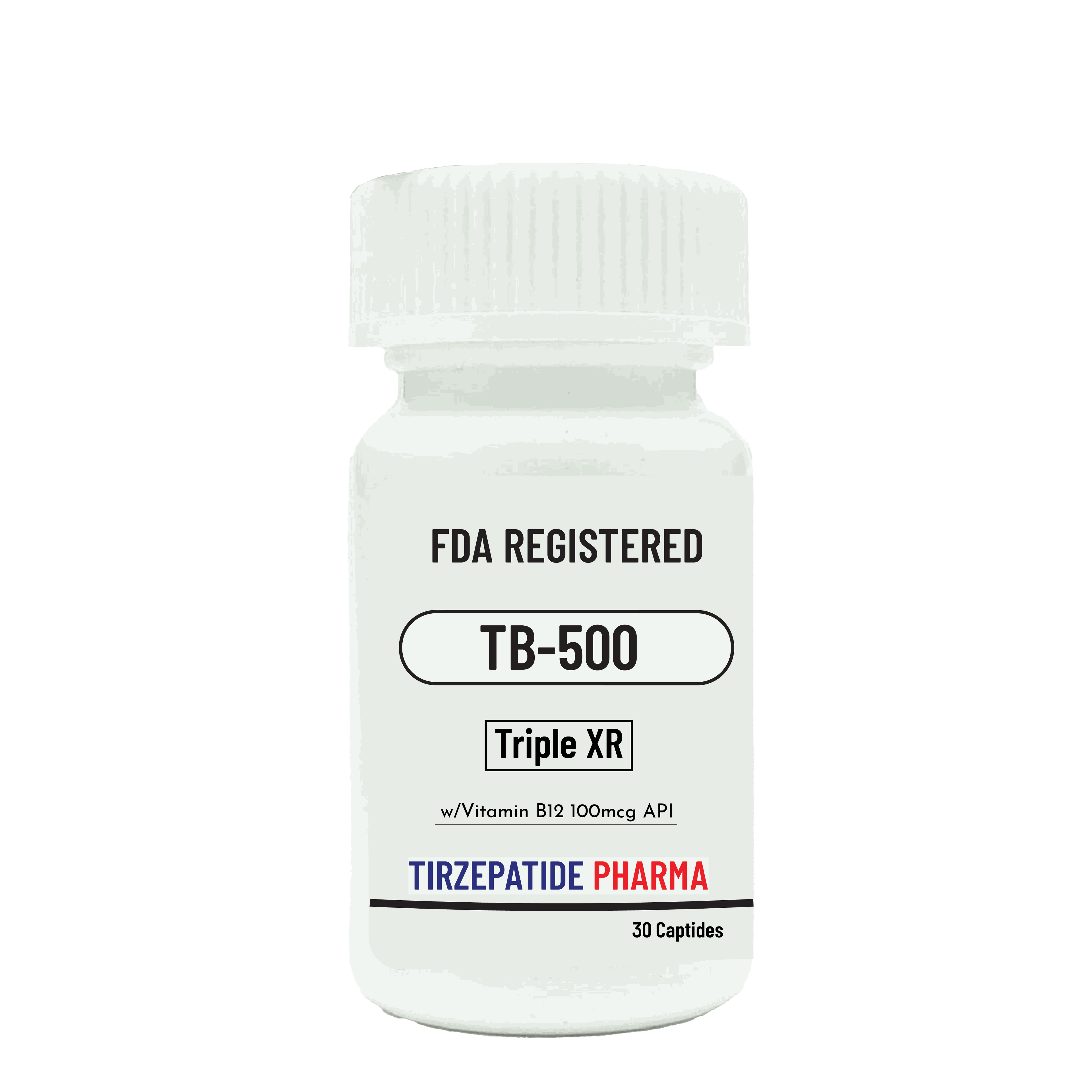 Thymosine TB-500 FDA registered peptide supplement with Vitamin B12 by Tirzepatide Pharma in white bottle