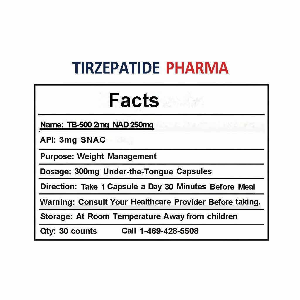 TB-500 2mg with 250mg NAD+ weight management capsules 30 count label
