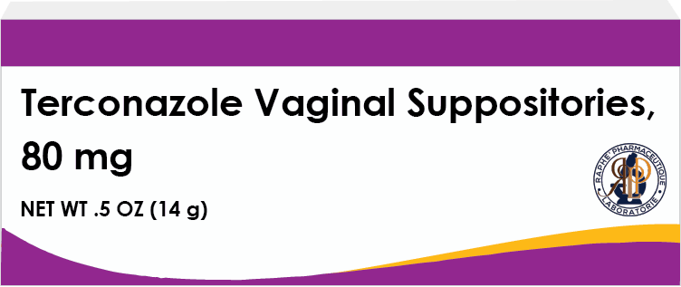 Terconazole vaginal suppositories 80 mg box packaging with purple and orange design
