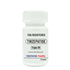 Bottle of FDA registered Tirzepatide Triple XR with Vitamin B12 100mcg API, 30 capsules
