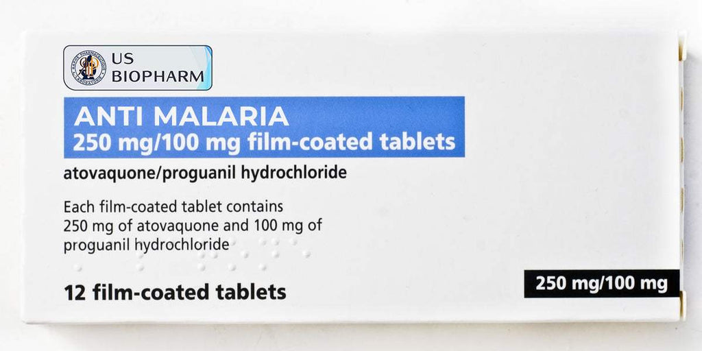 Box of US Biopharm anti malaria 250 mg/100 mg film-coated tablets containing atovaquone and proguanil hydrochloride, 12 tablets