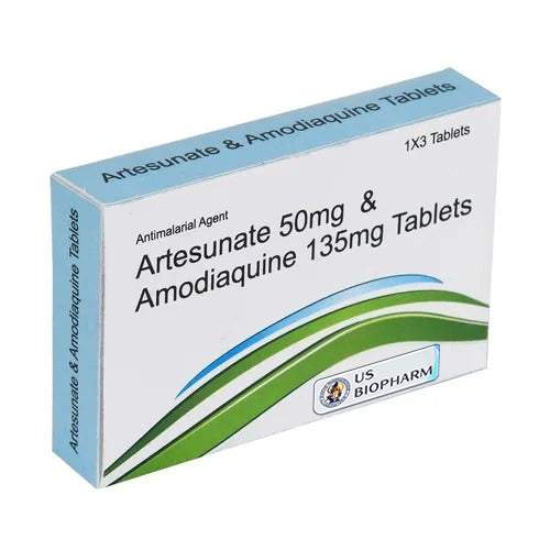 Box of Artesunate 50mg and Amodiaquine 135mg anti-malarial tablets by US Biopharm, USA manufacturer of potent malaria medicine