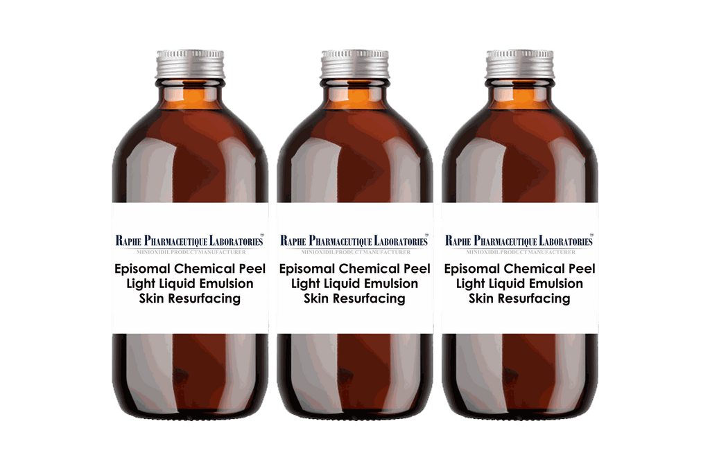 Three amber bottles of Spa Treatment Episomal Peel chemical peel light liquid emulsion for skin resurfacing