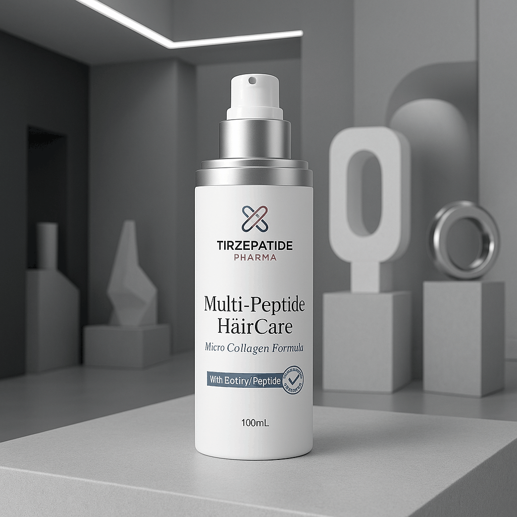 100ml white bottle of Tirzepatide Pharma Multi-Peptide Hair Care Micro Collagen Formula foam spray in a modern gray background