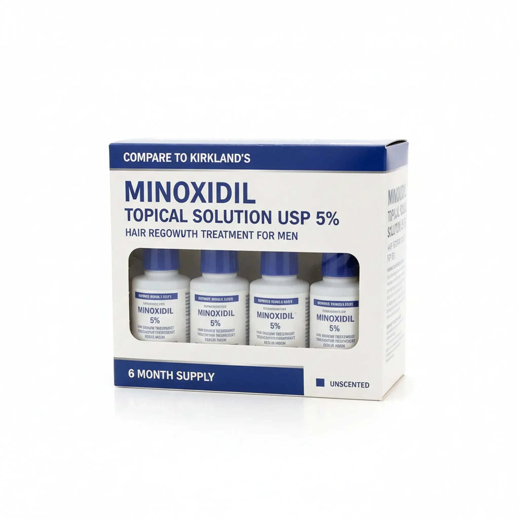 Private label Minoxidil Solution 5% topical hair regrowth treatment 6-month supply packaging