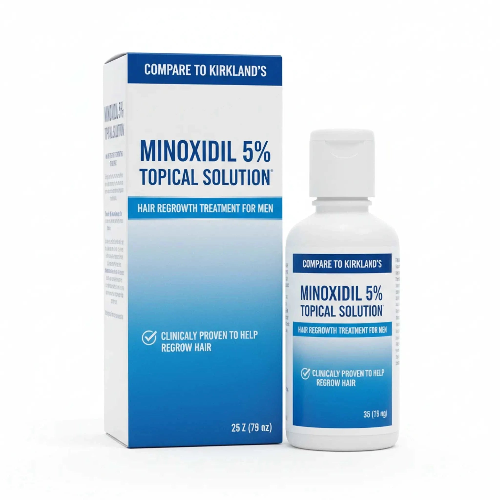 Private label Minoxidil Solution 5% topical hair regrowth treatment for men in white and blue packaging