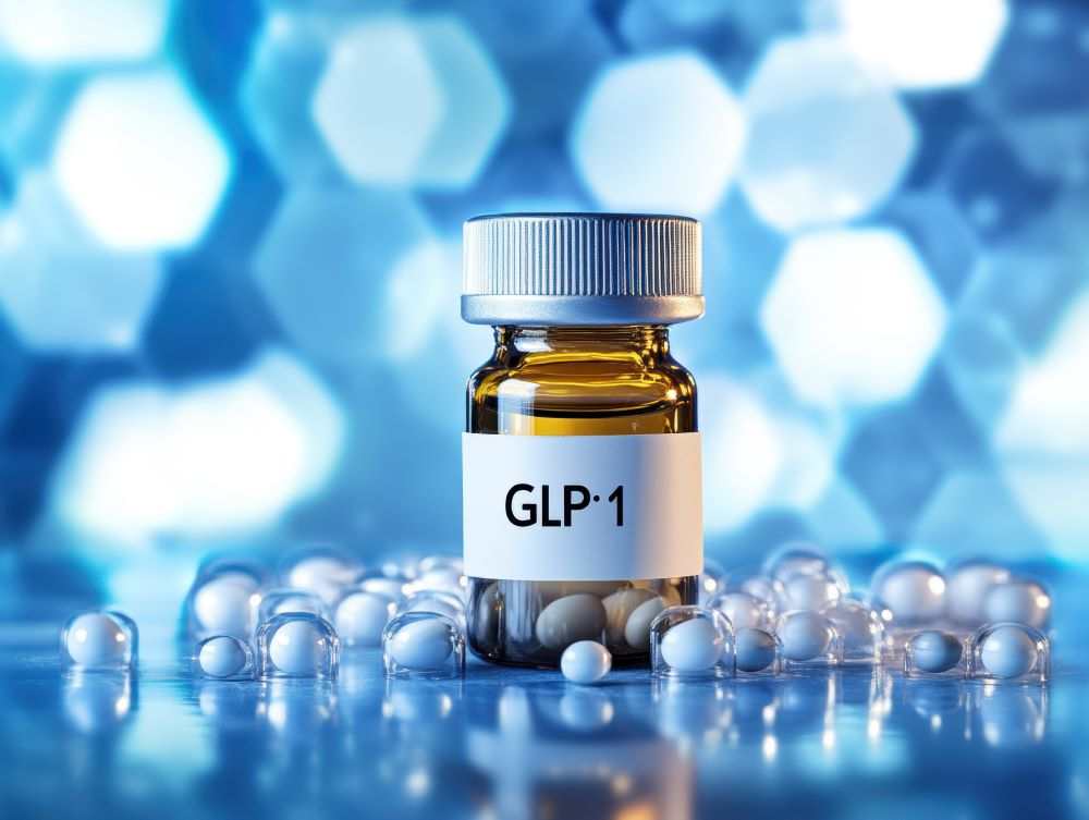 Cagrilintide 1-Gram peptide vial with GLP-1 label and scattered capsules on blue background