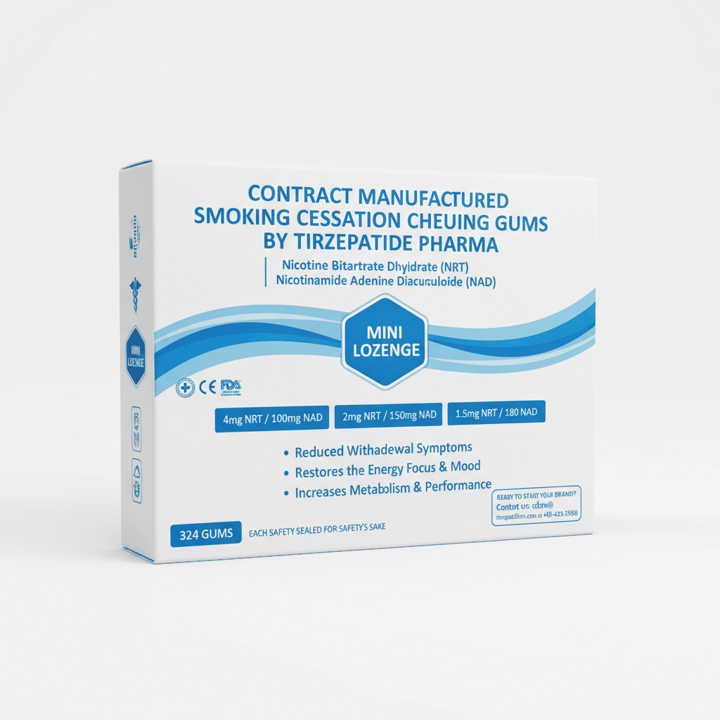 Box of contract manufactured smoking cessation chewing gums by Tirzepatide Pharma with NRT active extraction for quit smoking aids
