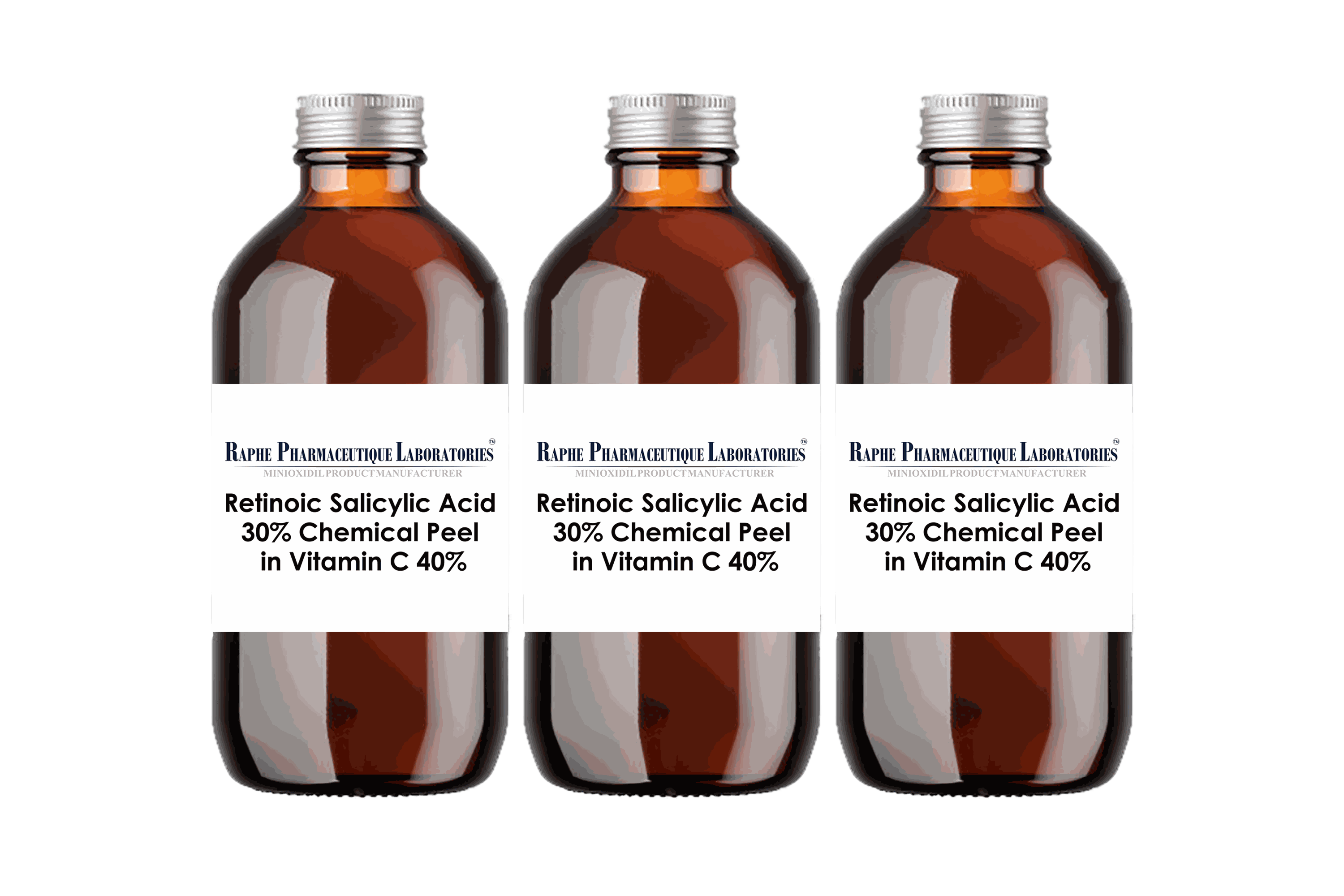 Three amber glass bottles of Retinoic Salicylic Acid Peel 30% Chemical Peel with 40% Vitamin C.