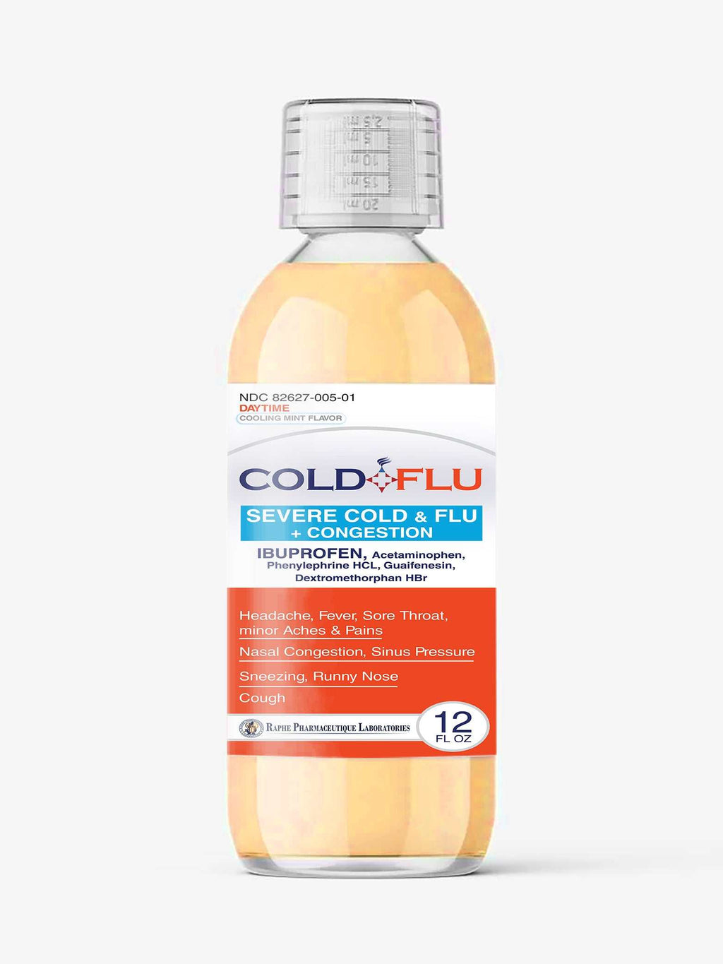 Multi-action Cold Flu Syrup for severe cough, congestion, and flu relief with ibuprofen, acetaminophen, and mint flavor.