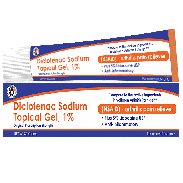 Sodium Diclofenac 1% topical gel with 5% Lidocaine for arthritis pain relief in 30g tube and transdermal patches