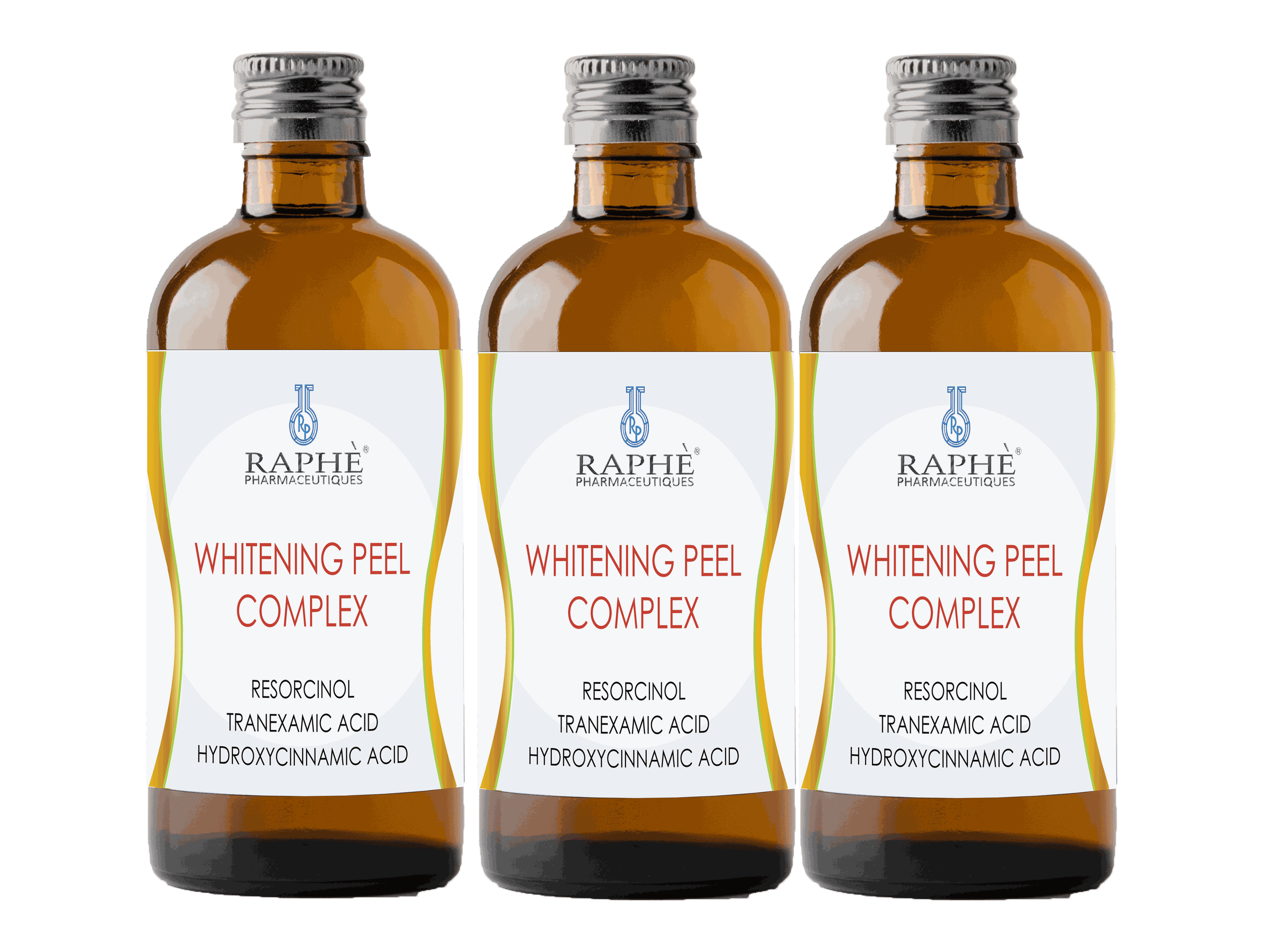 Three amber bottles of Raphe Skin Whitening Peel Complex serum with white labels and silver caps