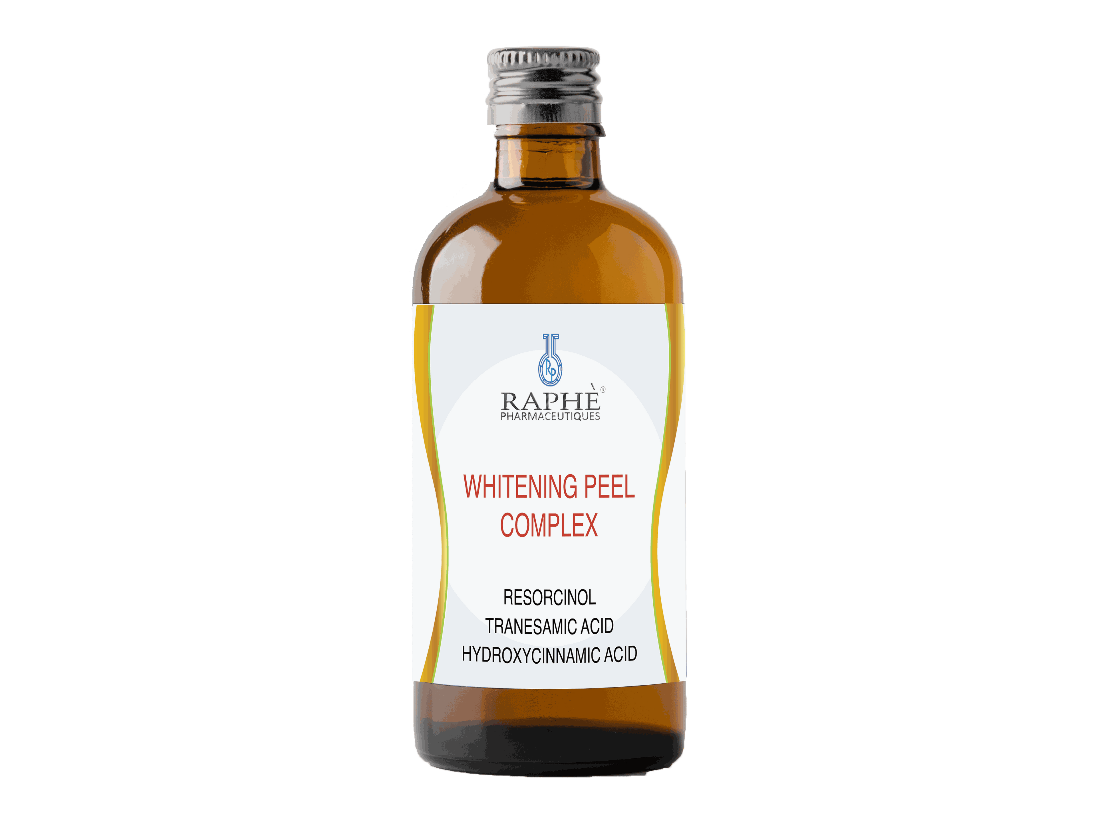 Bottle of Skin Whitening Peel Complex serum with Resorcinol, Tranexamic Acid, and Hydroxycinnamic Acid ingredients