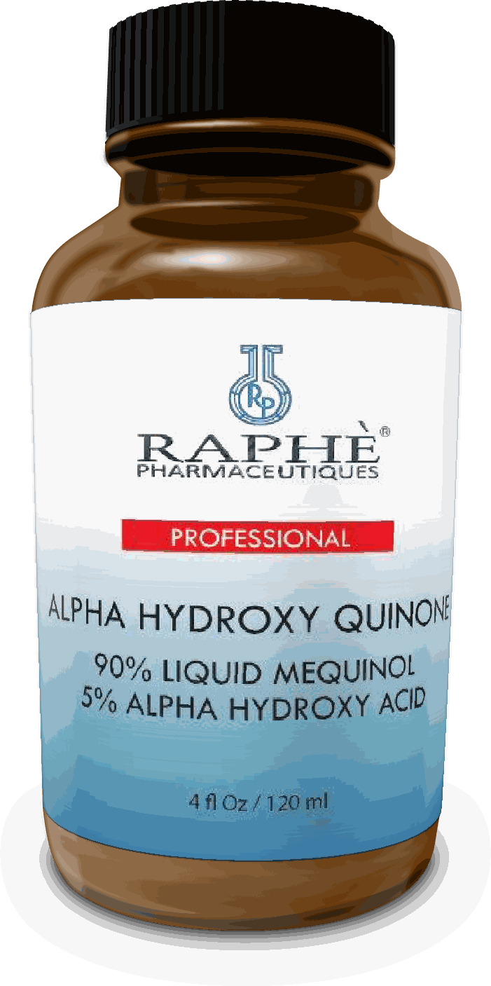 Amber glass bottle of Alpha Hydroxy Quinone liquid cosmetic ingredient for skin lightening, 4oz professional use