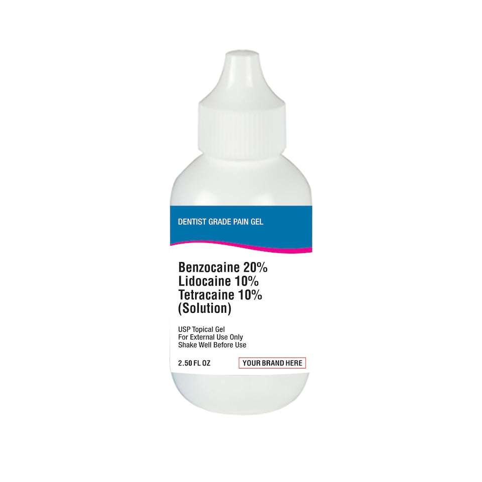 Benzocaine Lidocaine Tetracaine pain relief gel bottle for dental use with customizable label