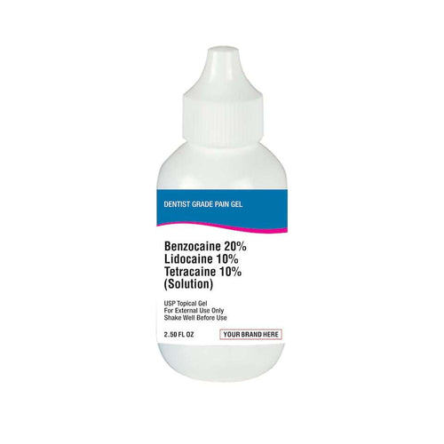 Benzocaine Lidocaine Tetracaine pain relief gel bottle for dental use with customizable label